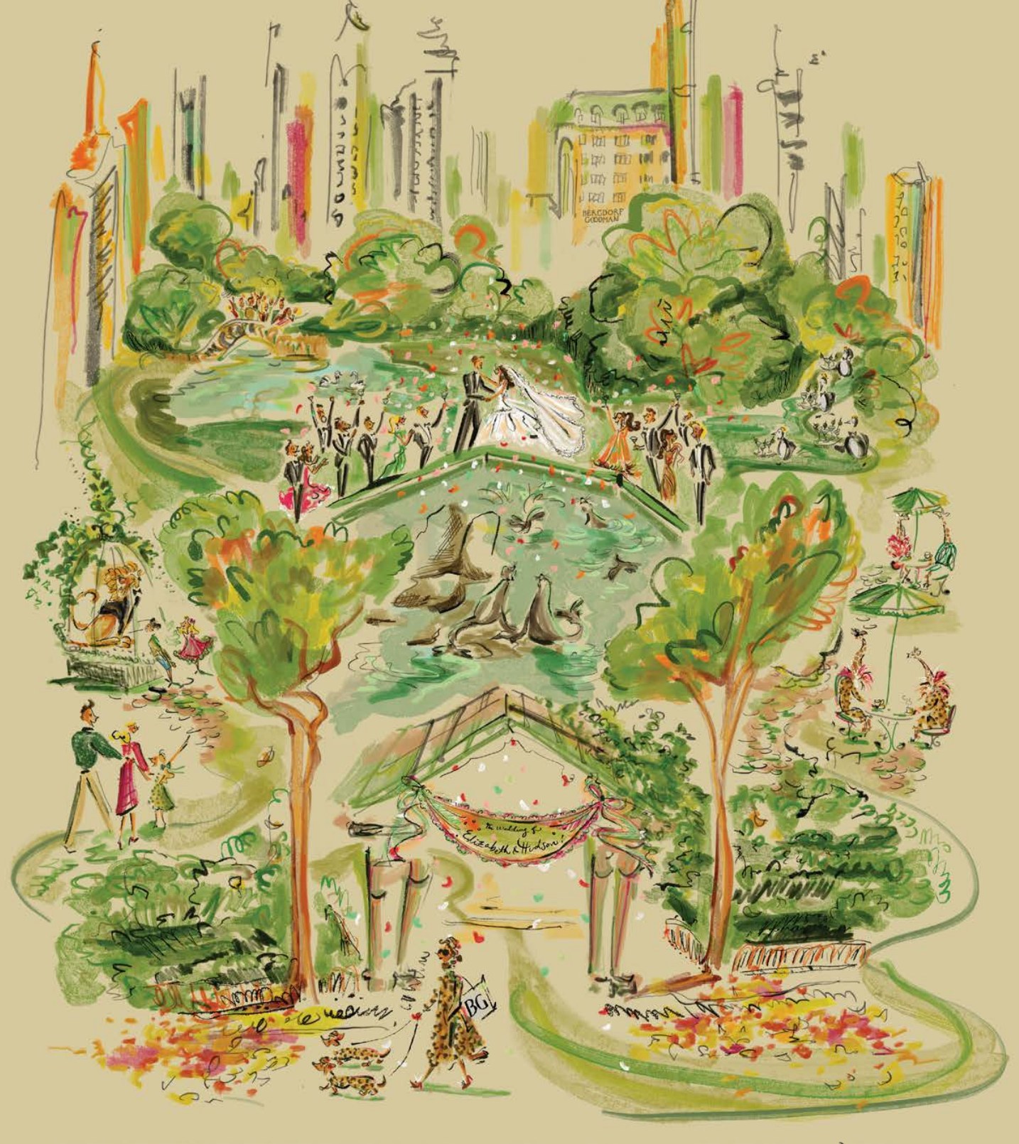 Illustration of a wedding in Central Park with the New York skyline behind